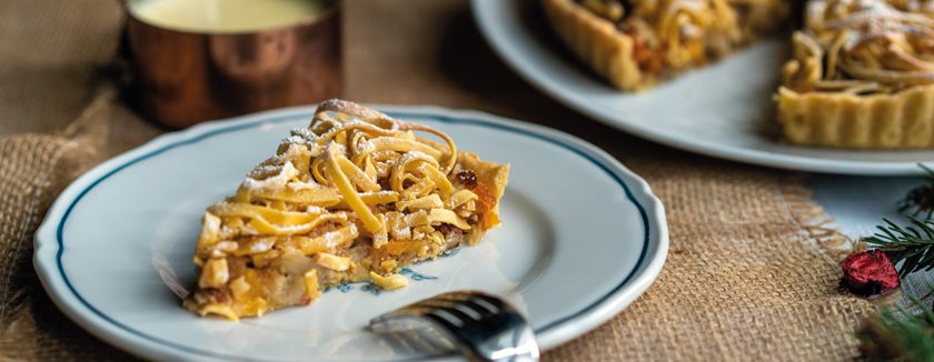 Fruit cake with pasta topping